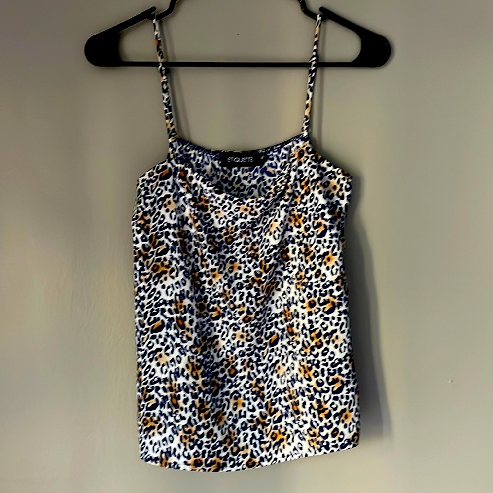 Spaghetti strap light flowy tank. Leopard print, navy blue.